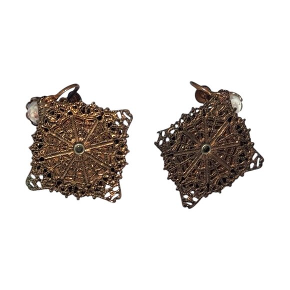 Vintage Art Deco Copper Filigree Clip-On Earrings With White Fleck Stone - Picture 6 of 8